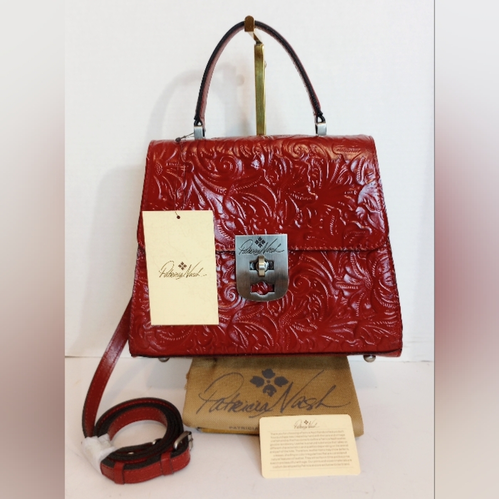 NWT Patricia Nash Chauny Lava Red Tooled Leather Top Handle  Satchel